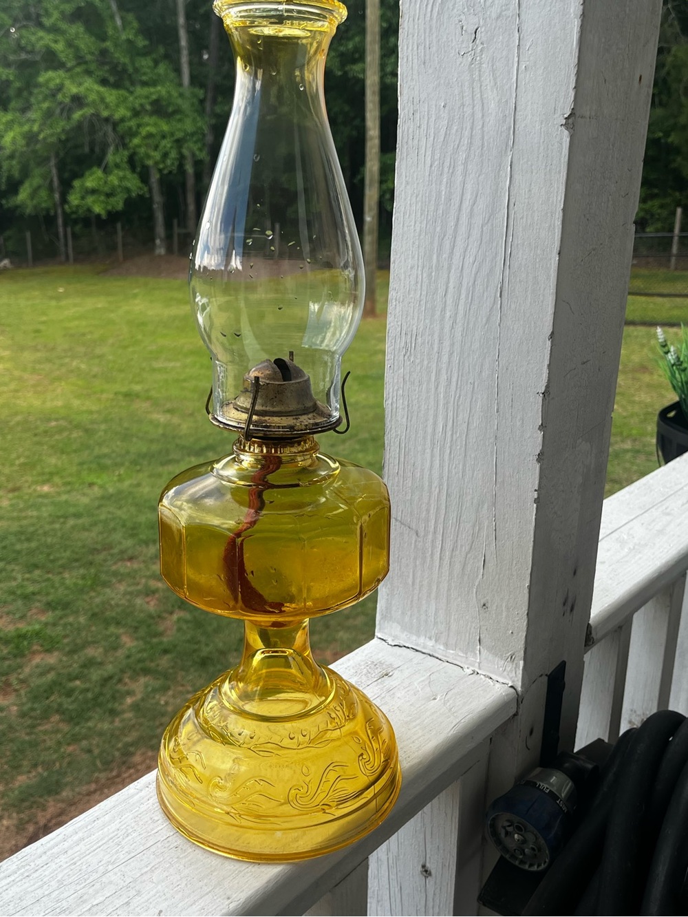 Vintage Amber Glass Oil Lamp - Yellow Glass Hurricane